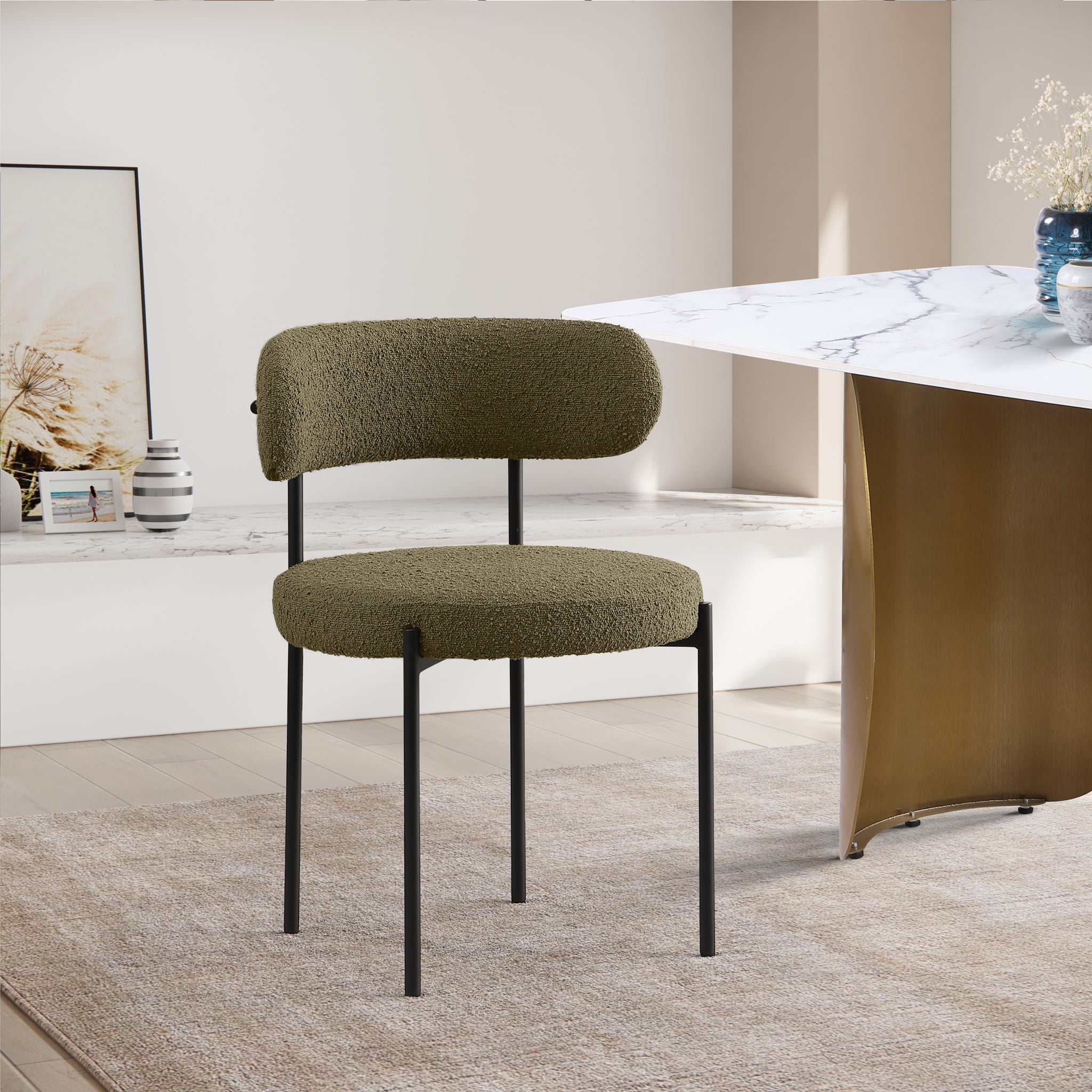 Beacon - Boucle Fabric Dining Chair With Black Legs (Set of 2) - Olive Green