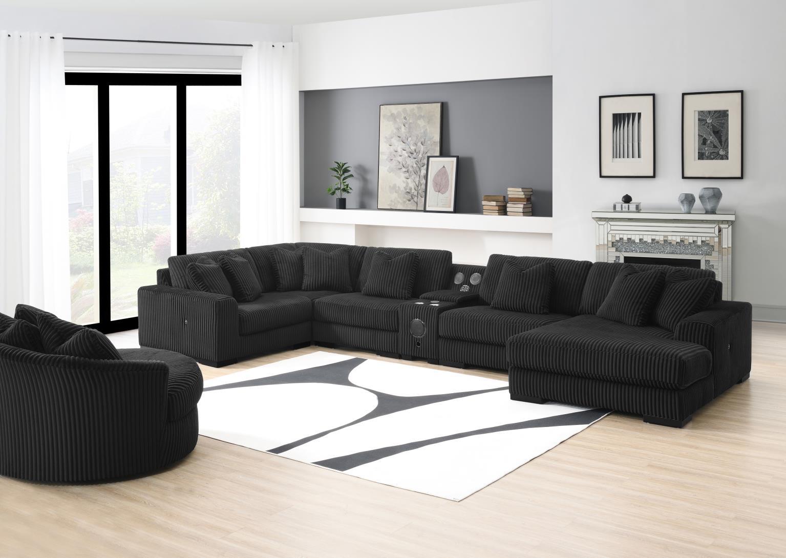 U242 Black 7 Piece Setional With Right Chaise (1 RAF Chaise + 3 Armless Chair + 1 LAF + 1 Wedge + 1 Console) - Without Ottoman