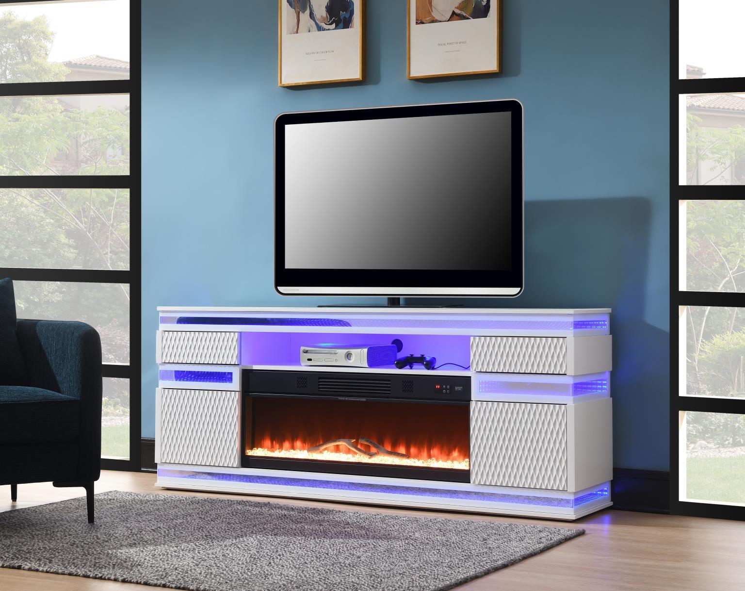 W036-TV White Fire Place TV Stand With Bluetooth Speaker, Multi Colors, RGB LED Light — 71 in. wide