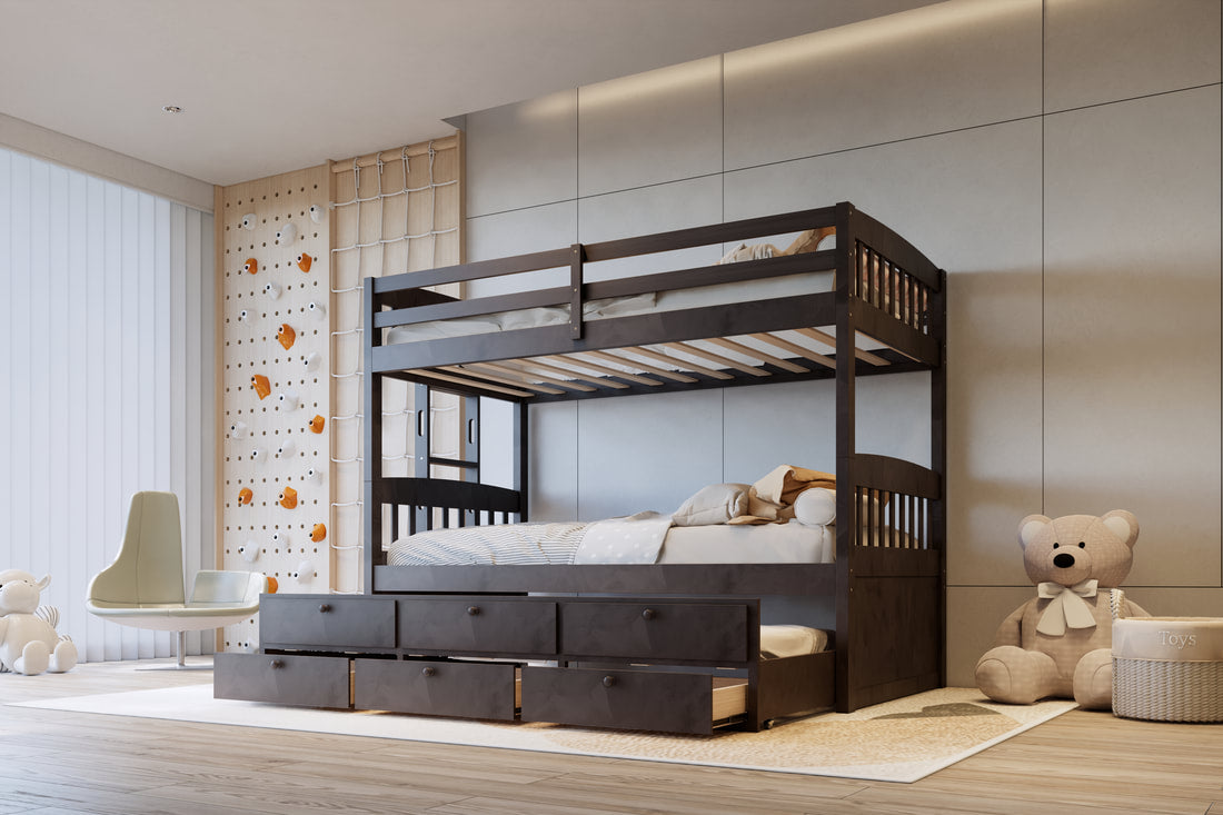 BB40 Espresso Twin/Twin Bunk Bed — Twin Trundle & 3 Drawers