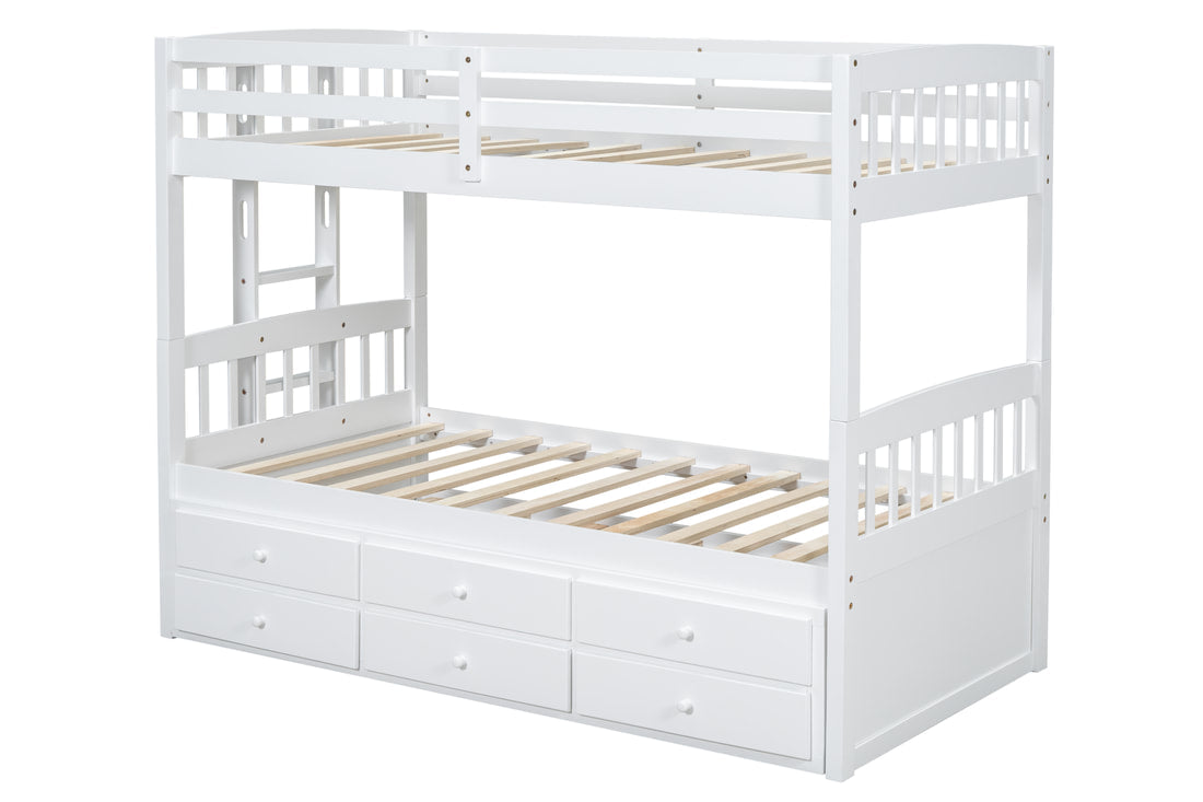 BB41 White Twin/Twin Bunk Bed — Twin Trundle & 3 Drawers
