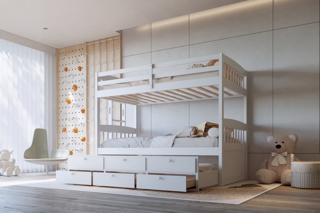 BB41 White Twin/Twin Bunk Bed — Twin Trundle & 3 Drawers