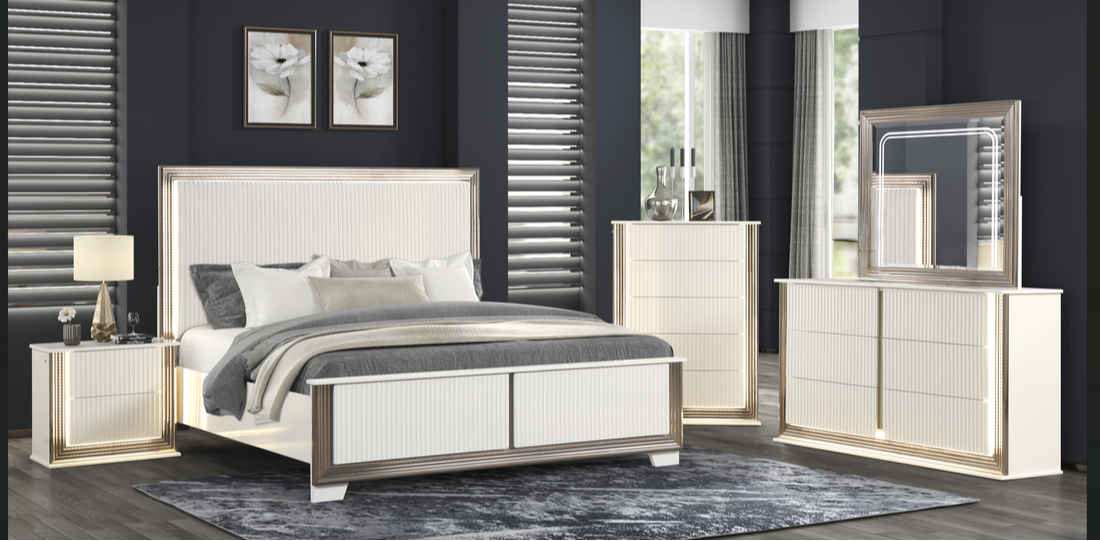 Beverly 5-Piece Bedroom Set — LED Lights & Fur Upholstered Headboard