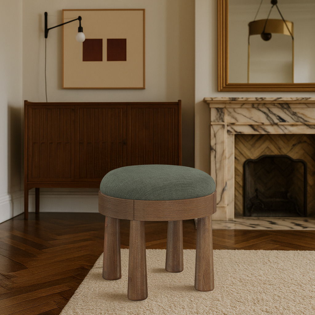 Larea Linen Ottoman with Walnut Base