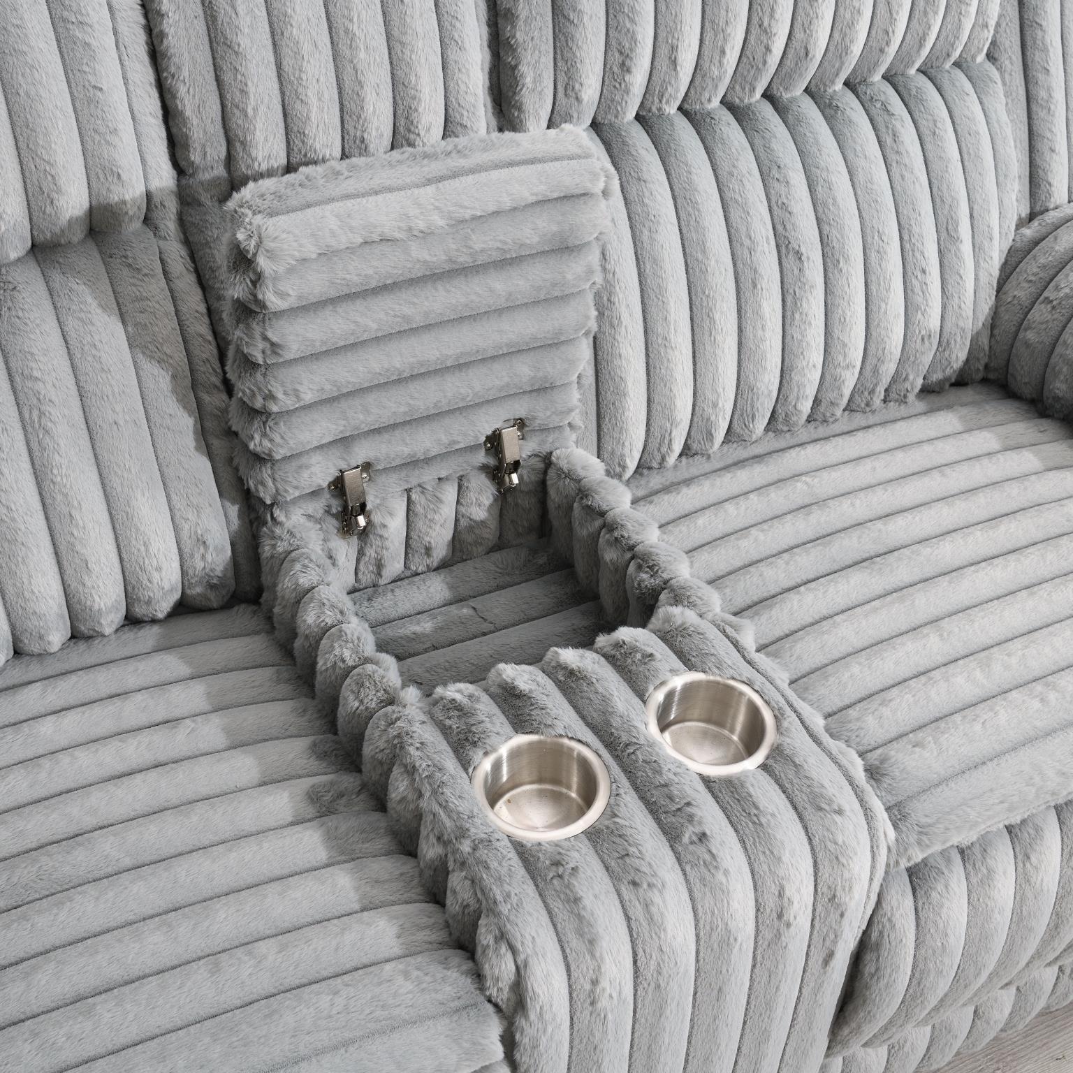 U113 Gray Corduroy Motion Sofa With Dropdown — 90" Wide