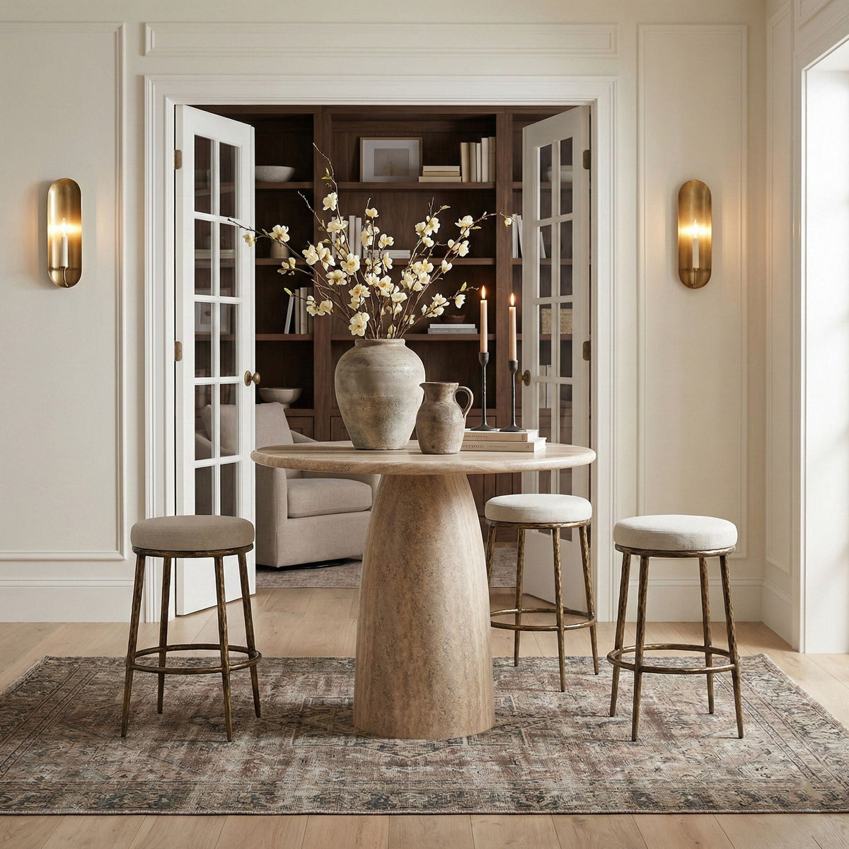 Ferro Performance Fabric Backless Bar Stool — Antique Brass Frame - Brass