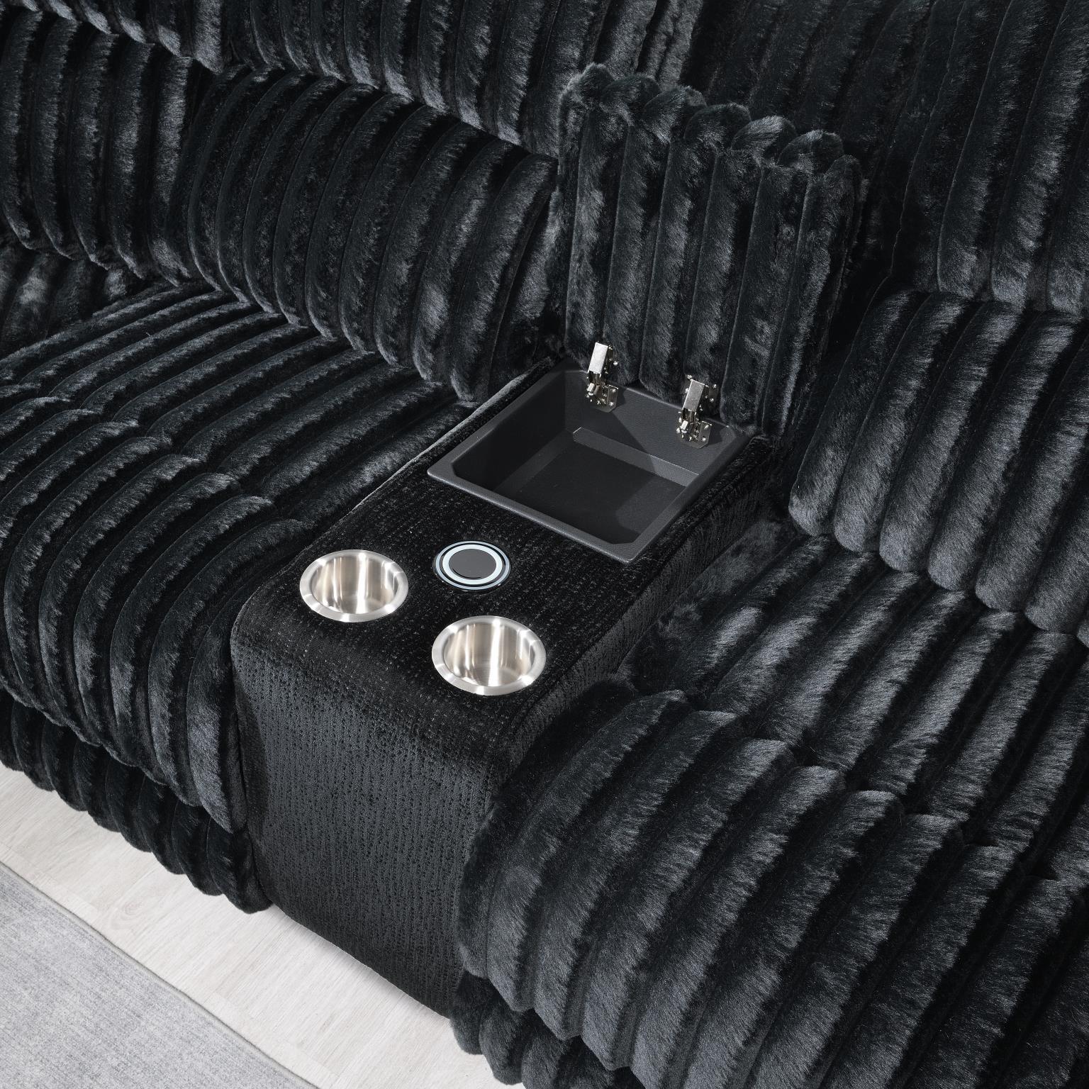 U60 Black Corduroy Power 3 Piece Sectional With Bluetooth Speaker, And Wireless Charger