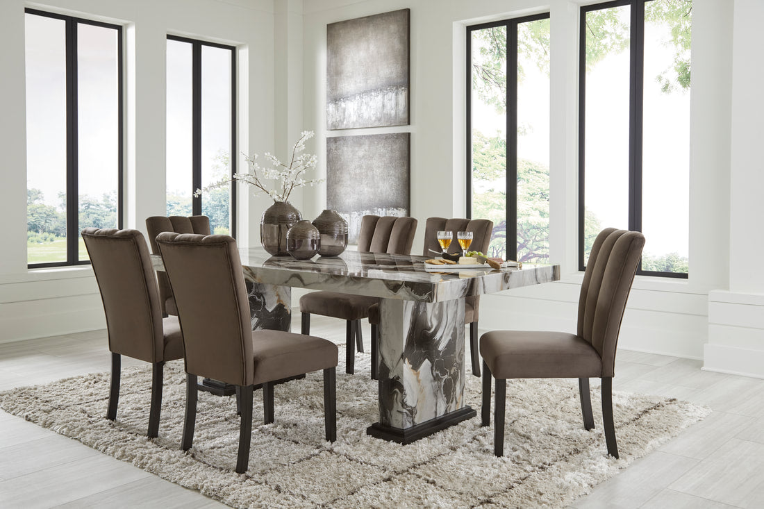 Ashley D581-26 Dining Table & 6 Chairs — Faux Marble Double Pedestal