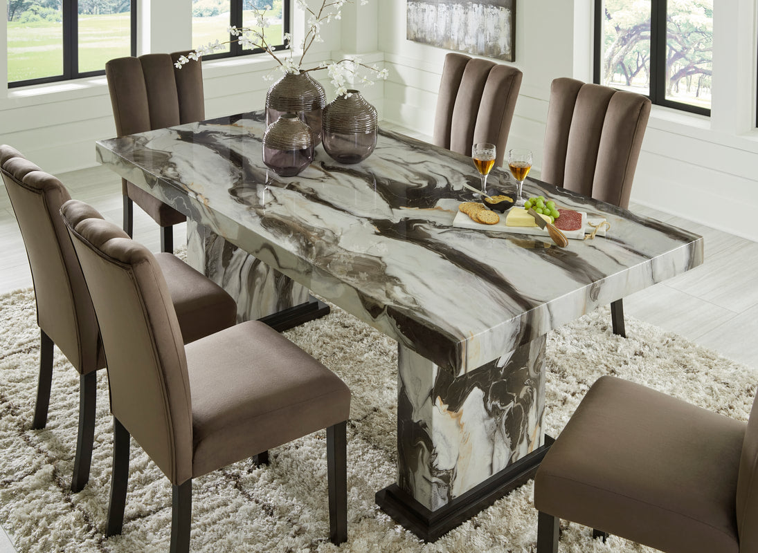 Ashley D581-26 Dining Table & 6 Chairs — Faux Marble Double Pedestal