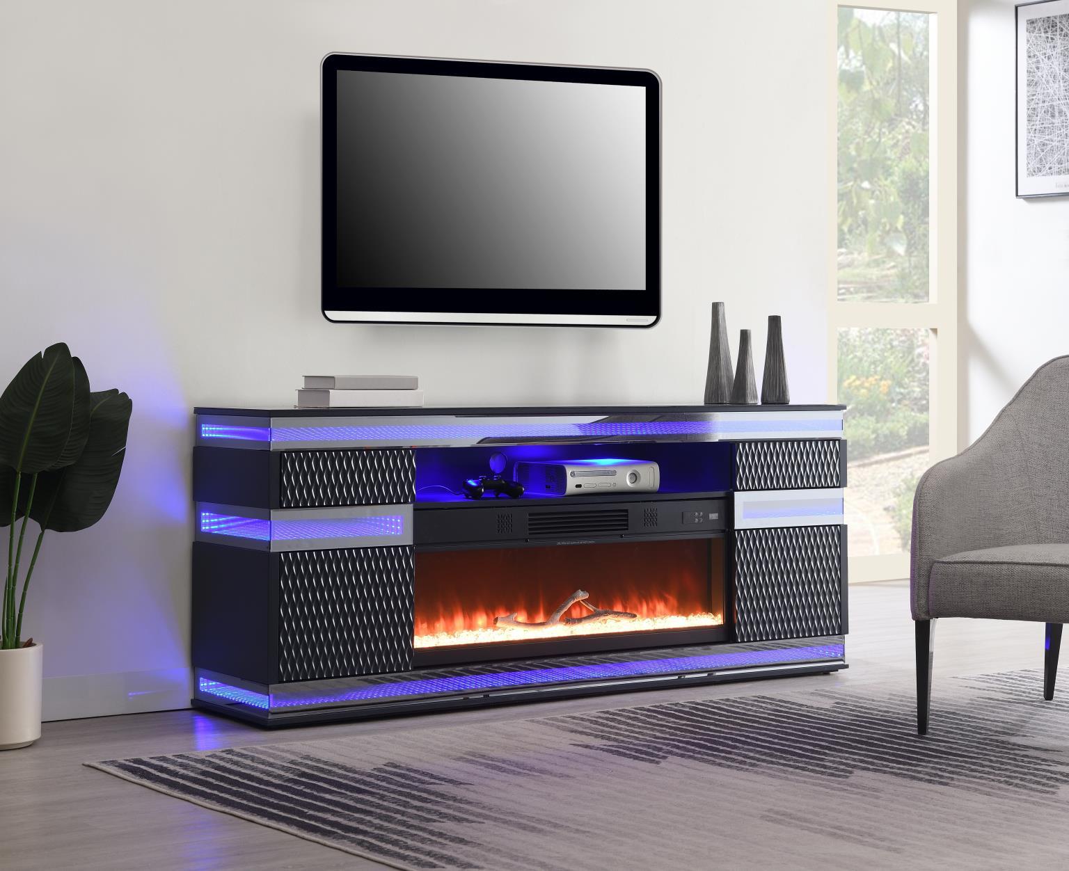 W035-TV Gray Fire Place TV Stand With Bluetooth Speaker, Multi Colors, RGB LED Light — 71 in. wide
