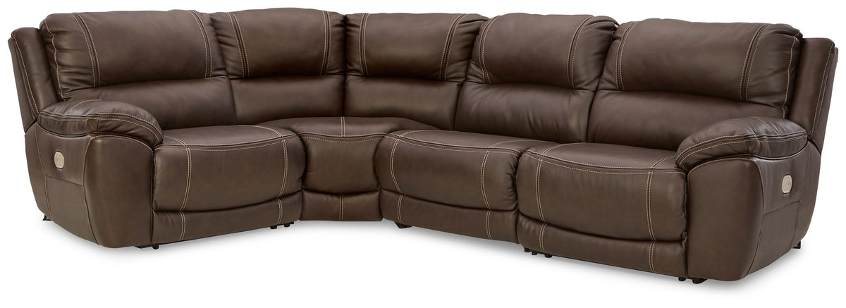 Dunleith Chocolate Power Reclining Sectional — 4-Piece Power Sectional, Double Recliner & Armless Chair