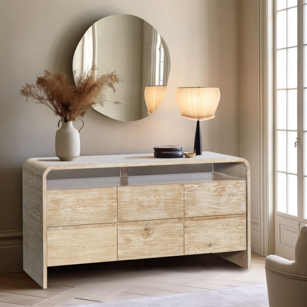 Cresthill Curved Oak Dresser — Black or Natural