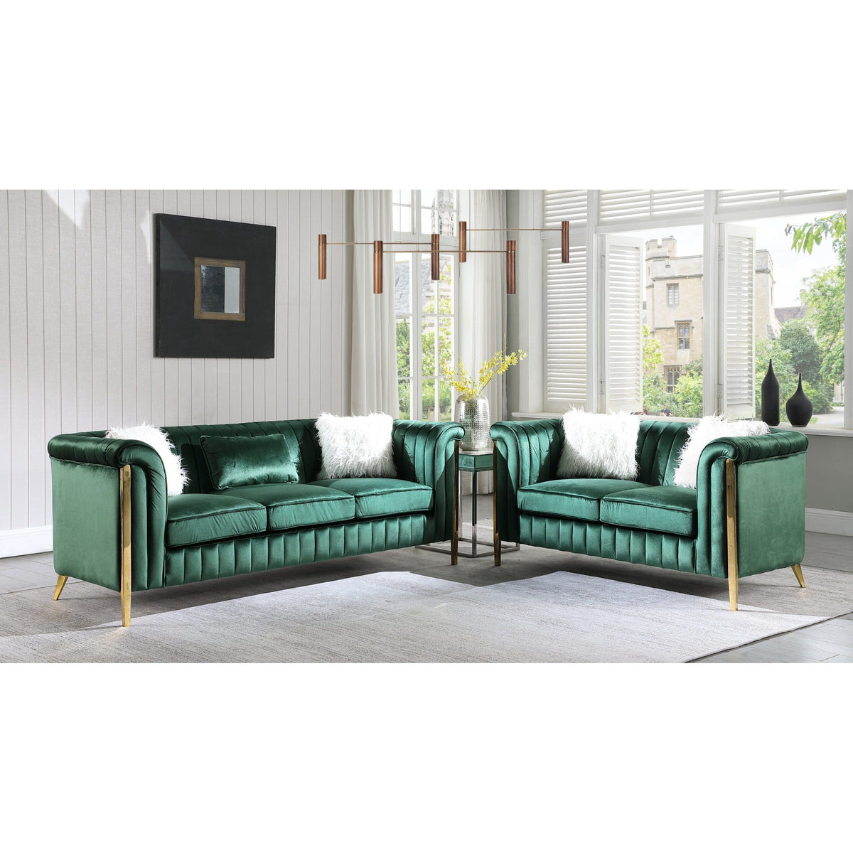 Fara Green Velvet Sofa & Loveseat Set — Gold Legs