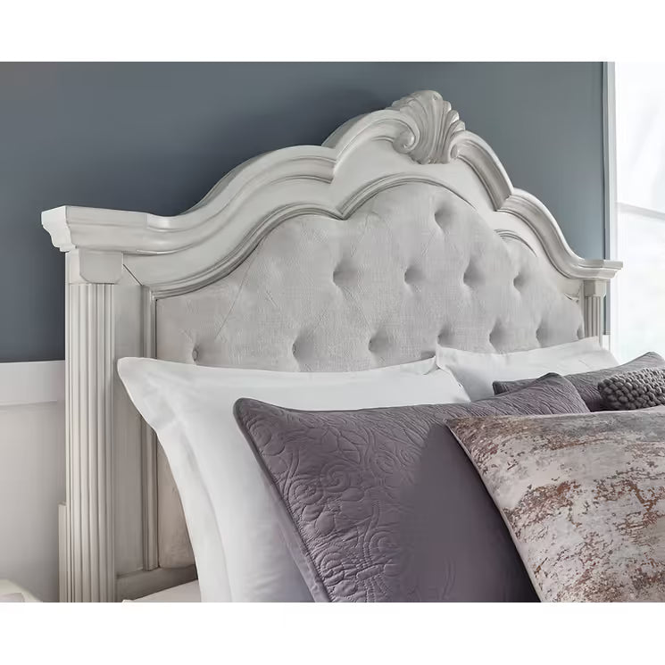 Montelaine Antiqued White Bedroom Set — Upholstered Panel Bed