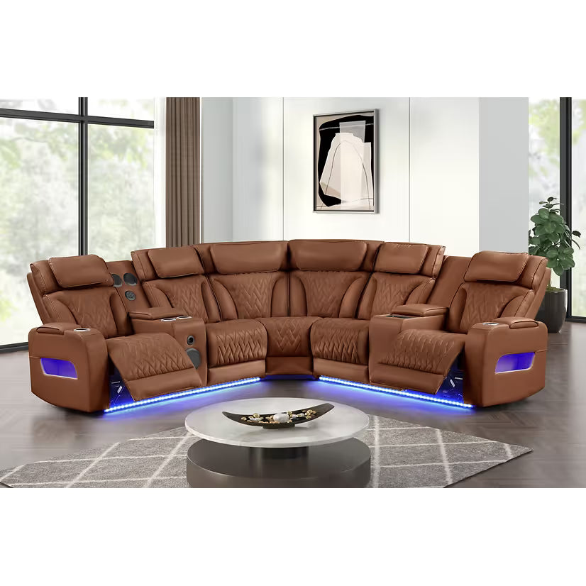 Skyline Brown Caramel Reclining Sectional — Bluetooth Speakers & LED