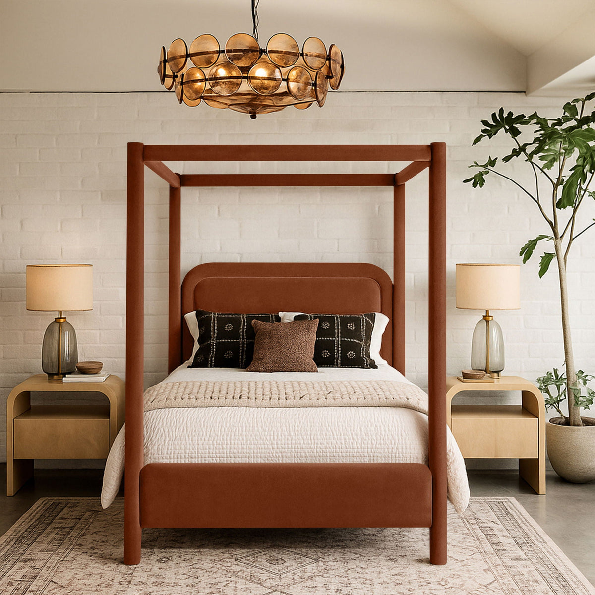 Salina Taupe Velvet Upholstered Canopy Bed — Twin to King - Cognac