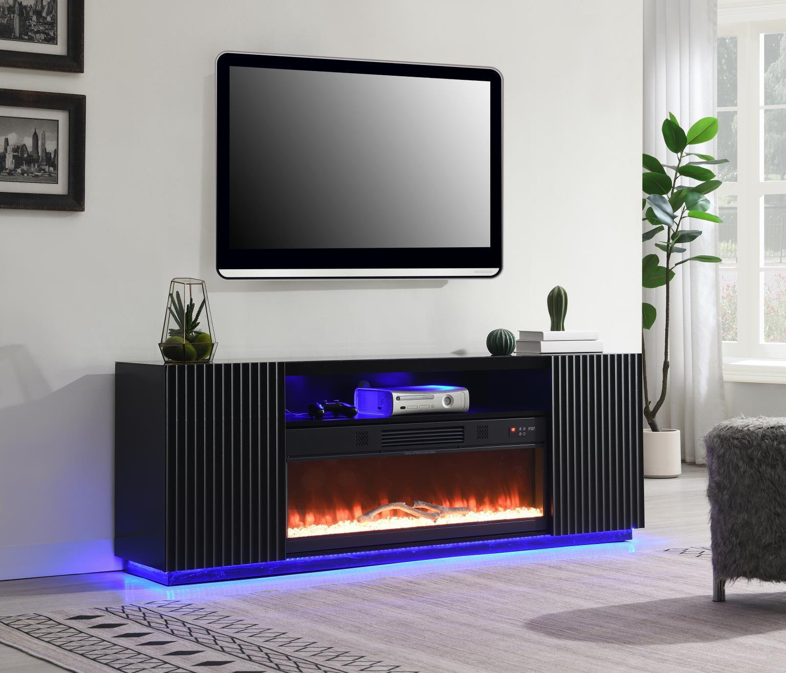 W038-TV - Fire Place TV Stand With Bluetooth Speaker, Heater, 7 Colors Colors, RGB Downlight, RGB LED Lights - Black