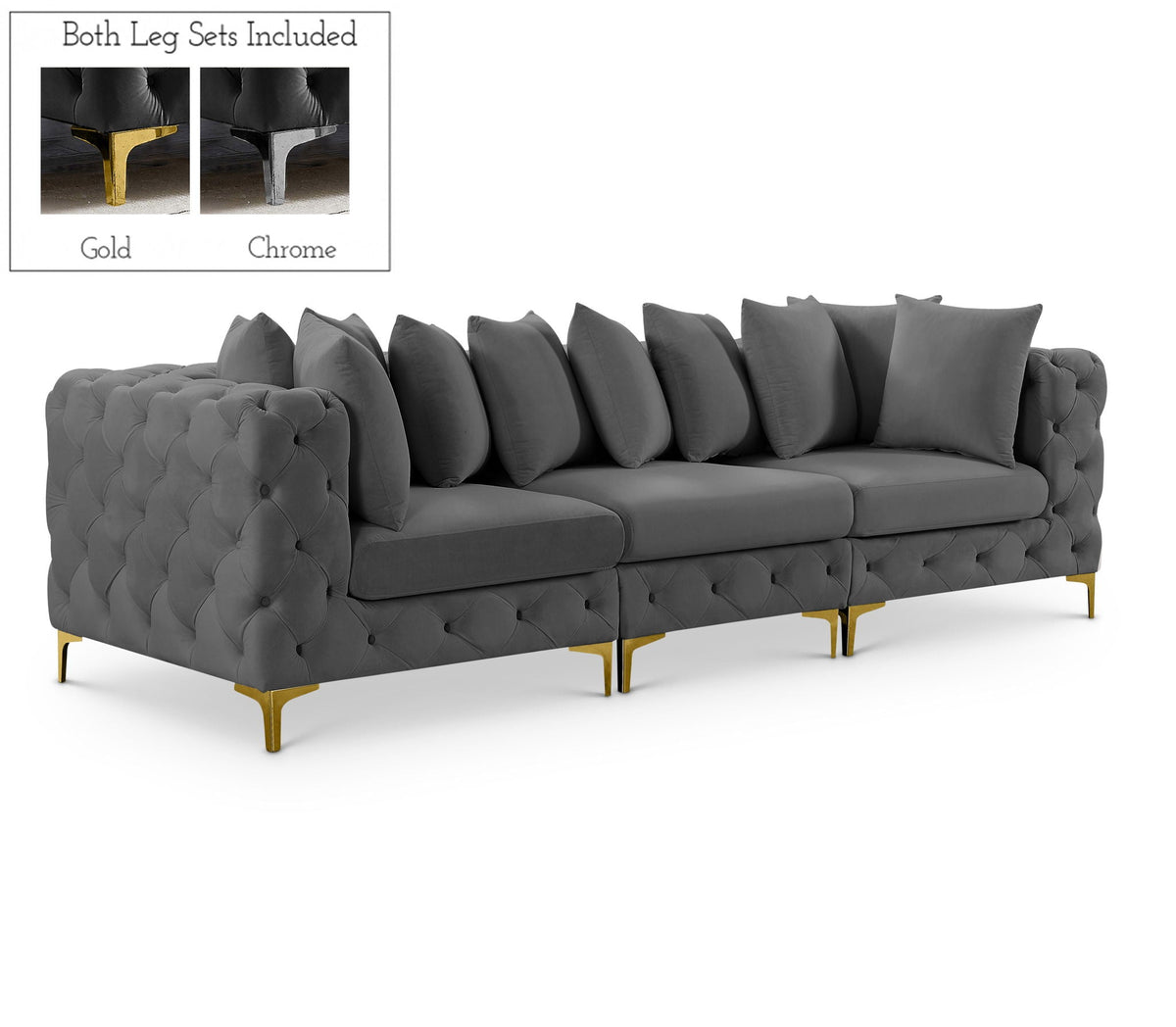 Tremblay Velvet Modular Sectional — 3-Piece Sofa — Grey