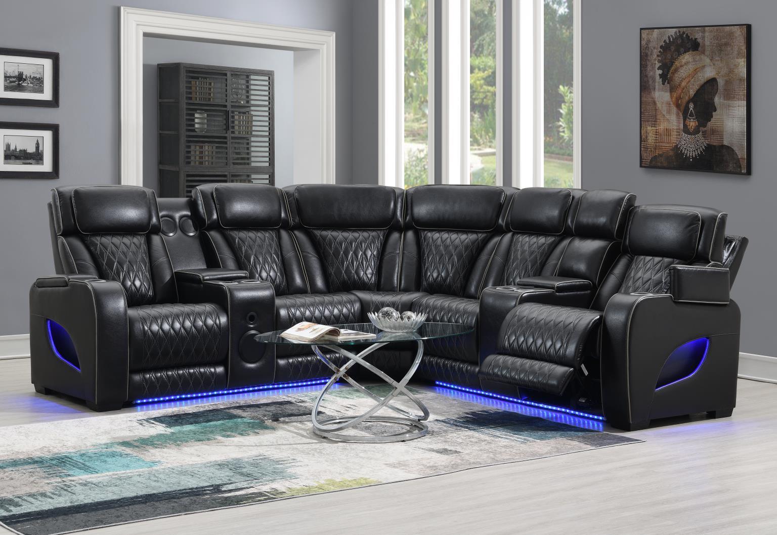 U10 Black 3 Piece Power LED Sectional, Power Headrest, Heat, Massage Wireless Charger, And USB