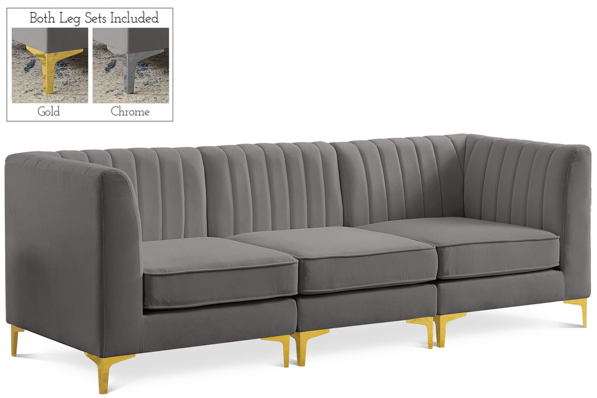 Alina Velvet Modular Sectional — 3-Piece Sectional — Grey