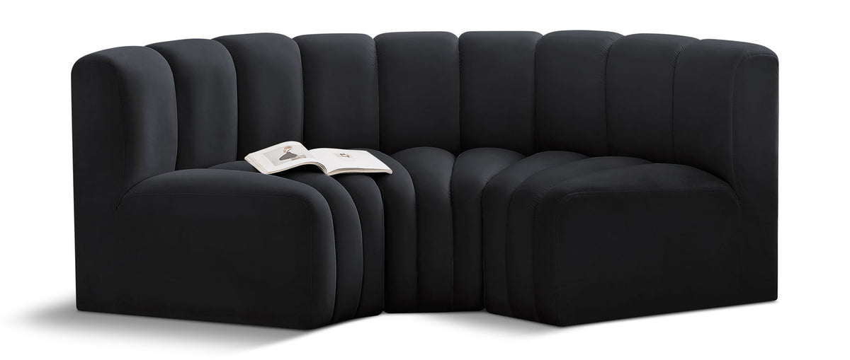 Arc Velvet Modular Sectional — 3-Piece U-Shaped Sectional — Black