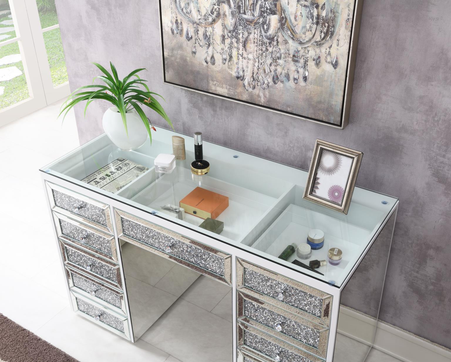G-310 Pearl Silver Glamour Vanity Set (MDF Dresser + Mirror Bluetooth Speaker With Lights)