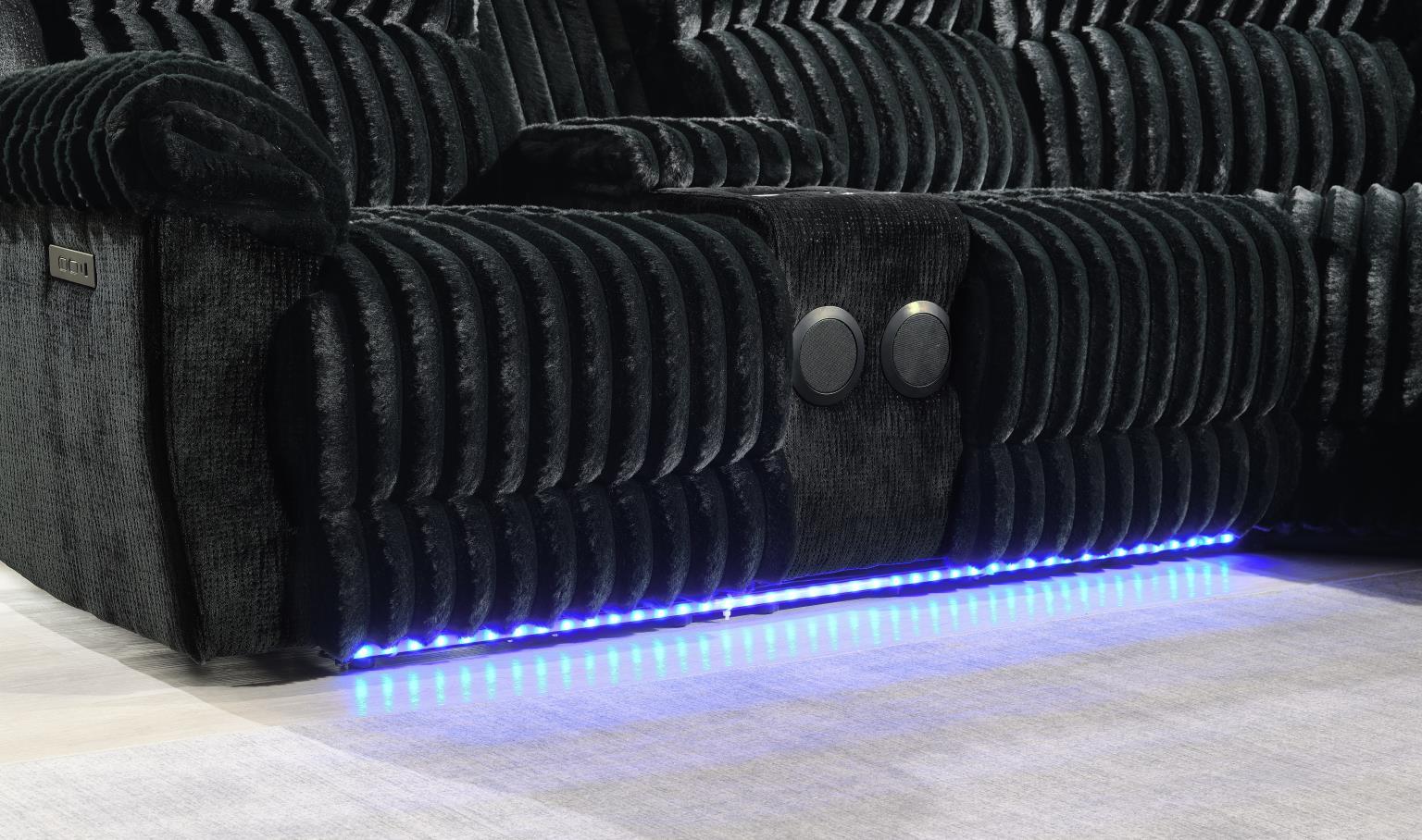 U60 Black Corduroy Power 3 Piece Sectional With Bluetooth Speaker, And Wireless Charger
