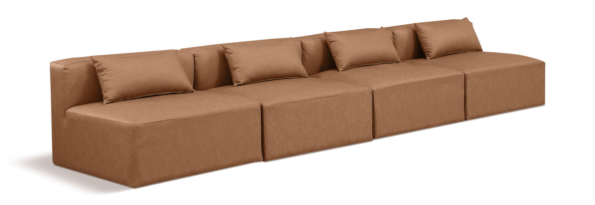 Cube Faux Leather Modular Sectional — 4-Piece Armless Sofa — Brown