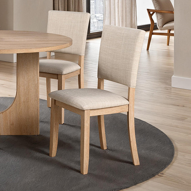 Oberto Round Pedestal Dining Table - Upholstered Side Chair (Set of 4) / Natural