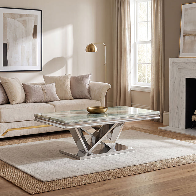 Villarsglane Glam Stone-Top Table Collection - Coffee Table / Silver/Green