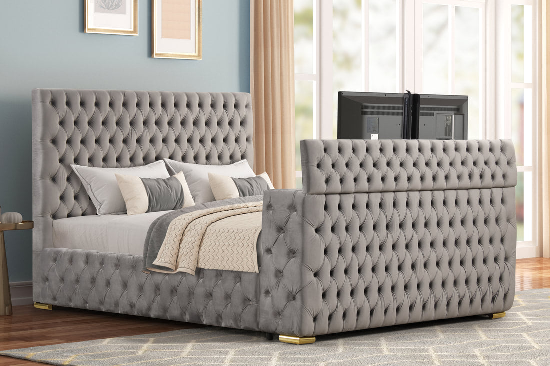 Future Platform Bed — LED Fireplace & Bluetooth Speakers