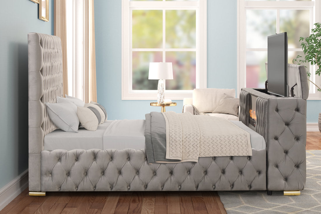 Future Platform Bed — LED Fireplace & Bluetooth Speakers