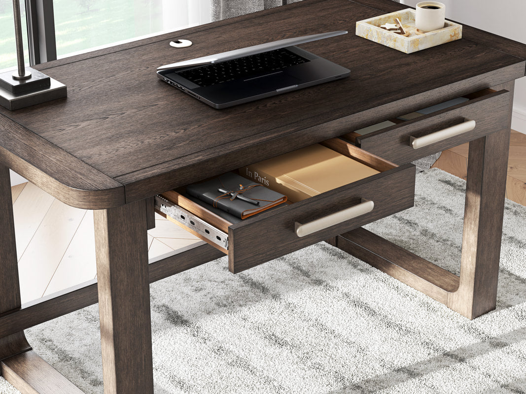 H556-44 Oak Veneer Desk — 2 Drawers & Cord Management