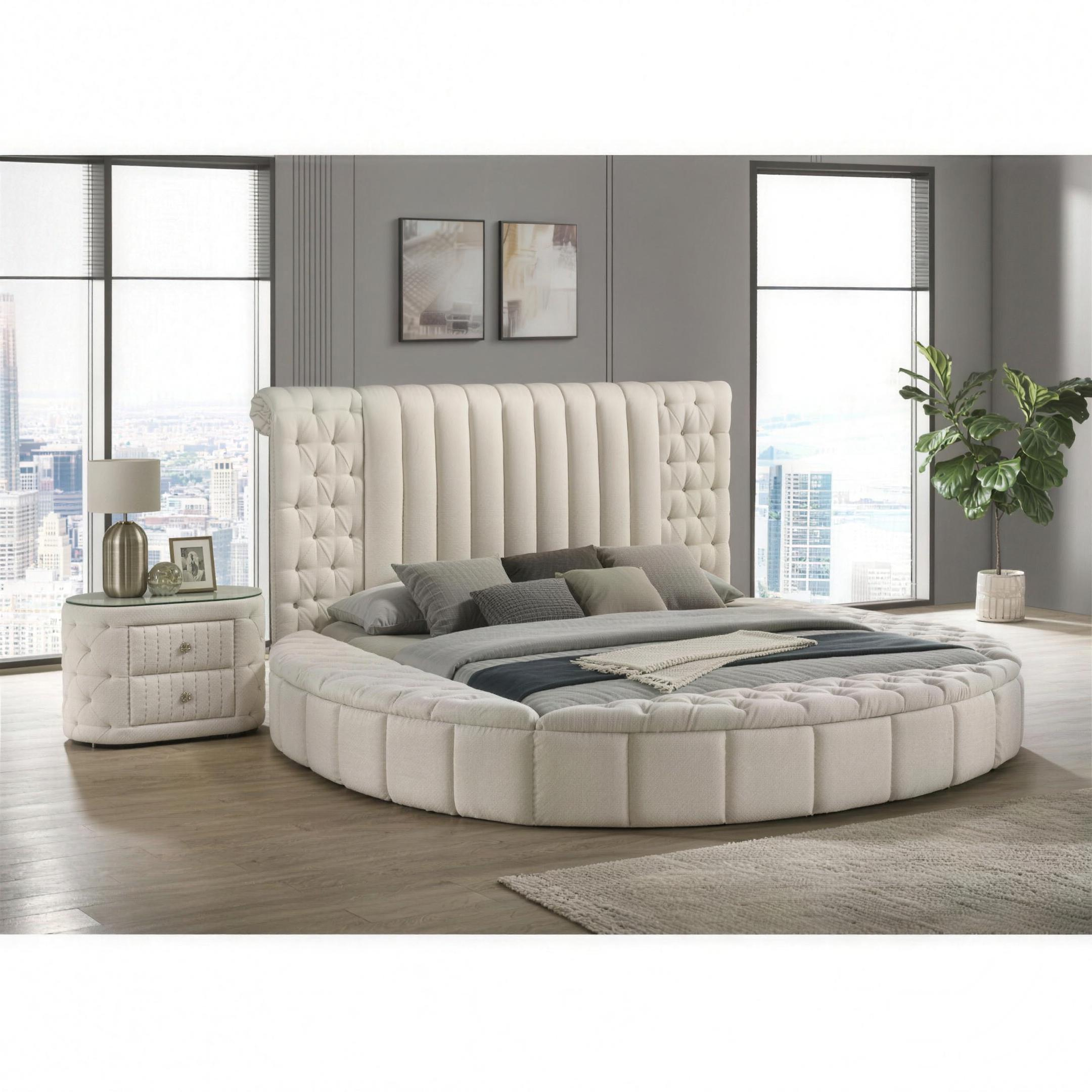 Sonya Upholstered Round Storage Bed in Ivory, queen size