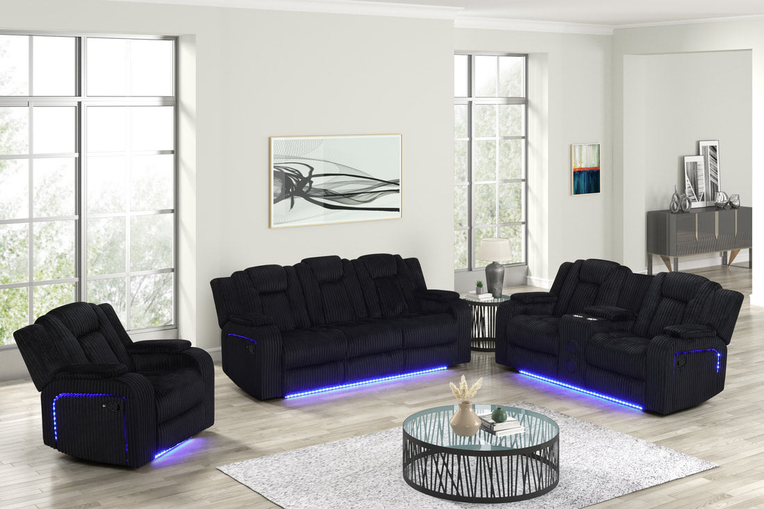 Hulk10 Black 3PC Reclining Set — Drop-Down Table & LED Lighting