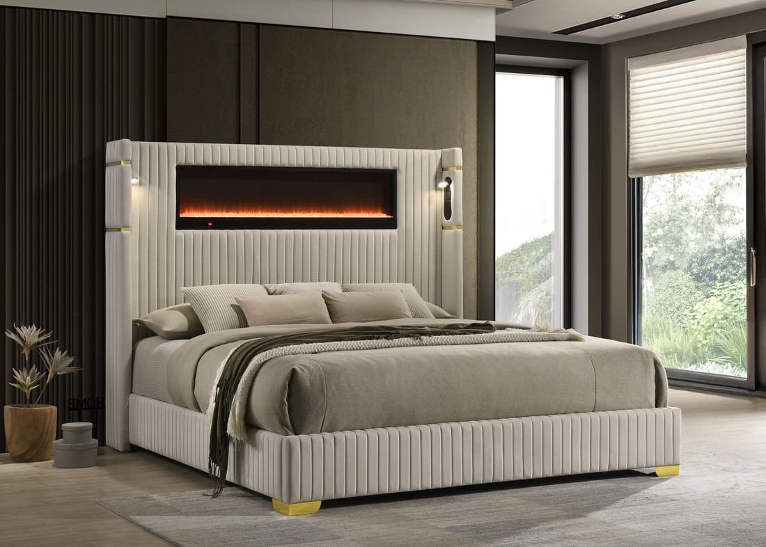 Romance2 Platform Bed — Fireplace Display & Bluetooth Headboard
