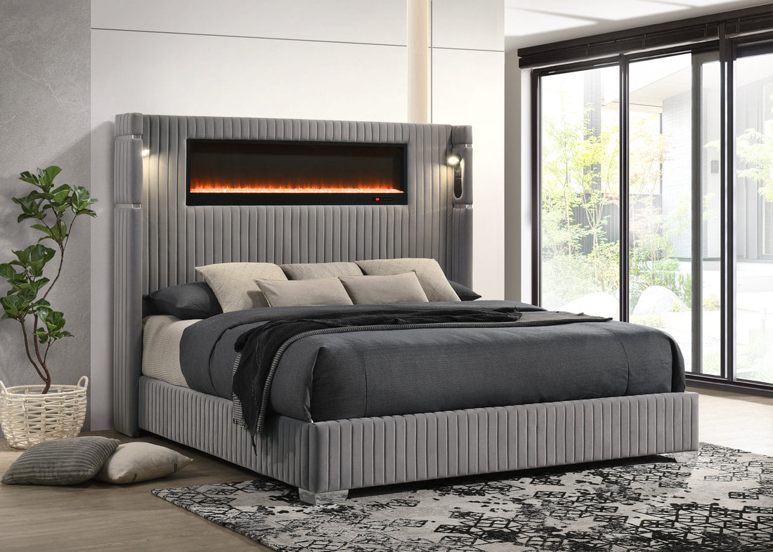 Romance2 Platform Bed — Fireplace Display & Bluetooth Headboard