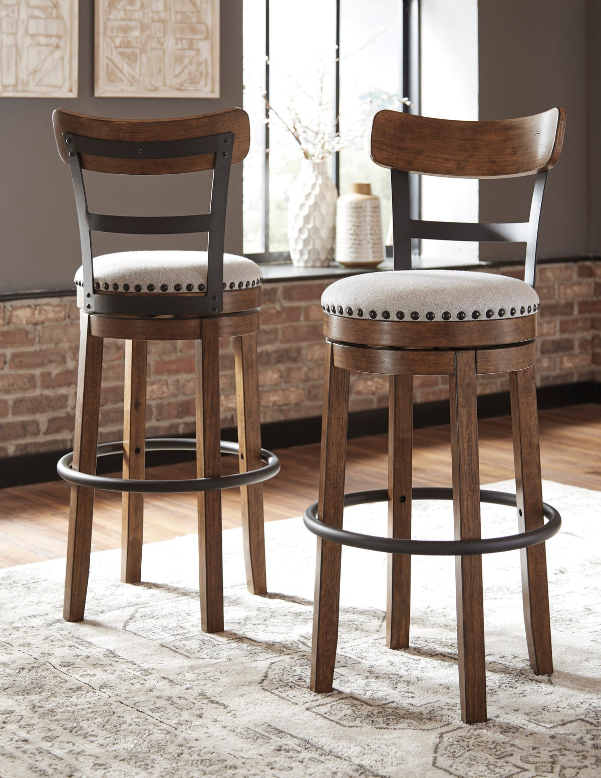 D546-430 30" Bar Height Swivel Barstool — Linen-Colored Cushioned Seat