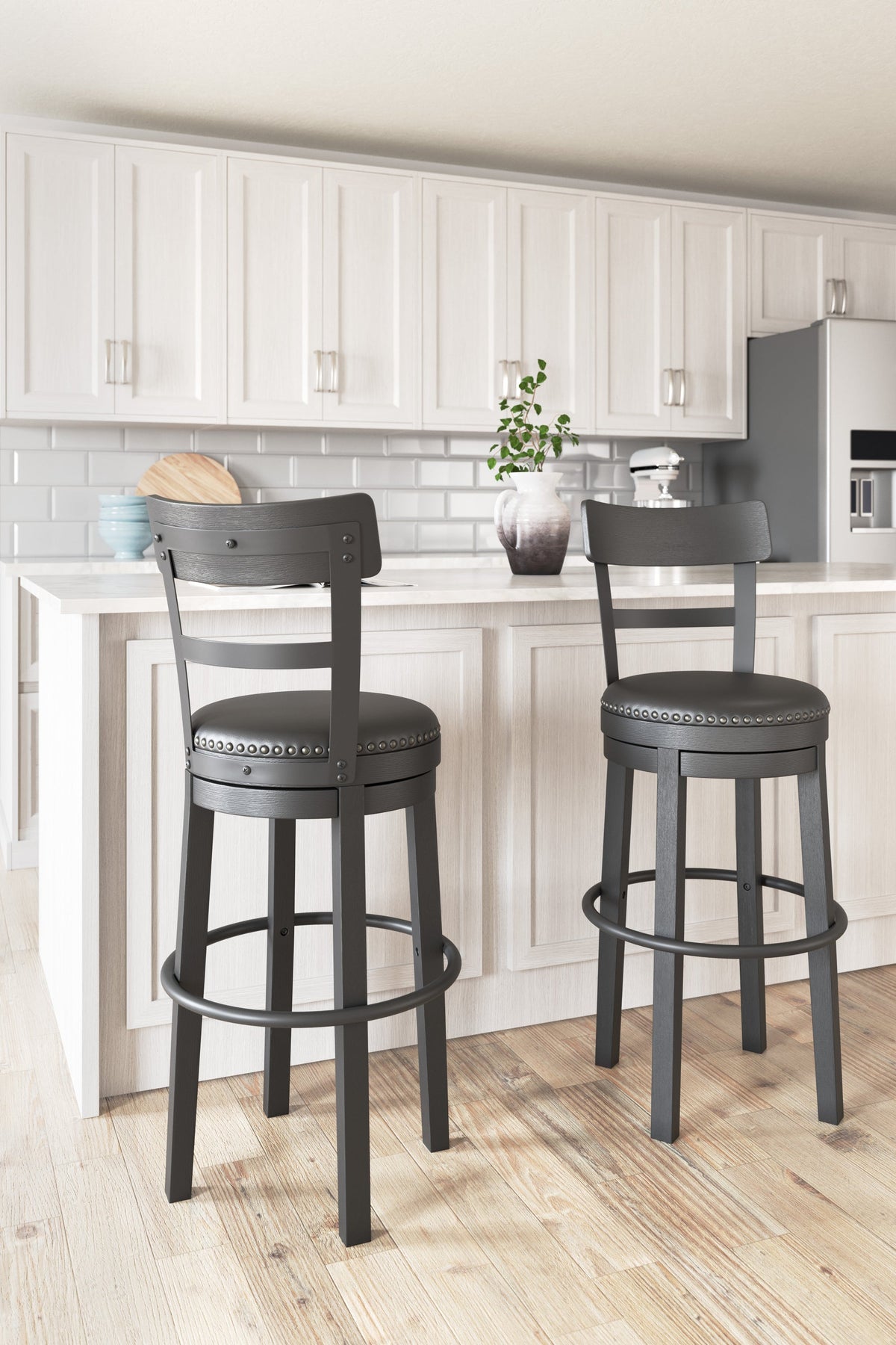 D546-630 30" Bar Height Swivel Barstool — Faux Leather & Nailhead Trim
