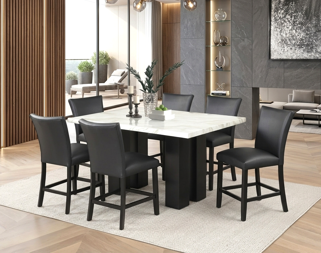 2220 PU Faux Marble Counter Height Dining Set — Table & 6 Chairs