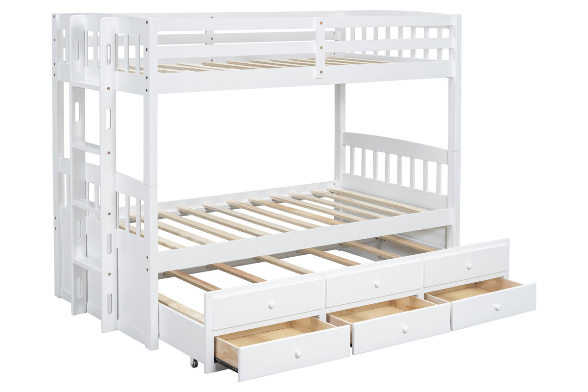BB41 White Twin/Twin Bunk Bed — Twin Trundle & 3 Drawers