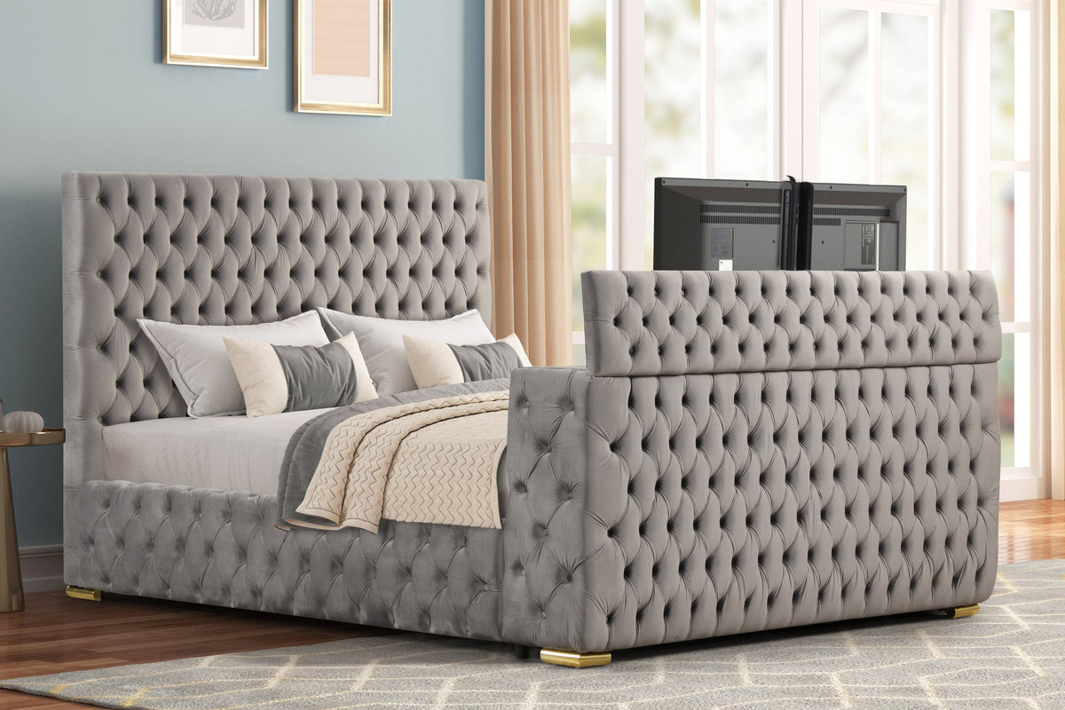 Future Platform Bed — LED Fireplace & Bluetooth Speakers