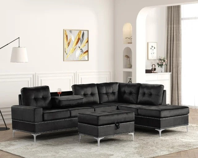 Anserra Black Reversible Sectional with Ottoman Set