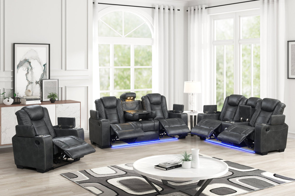 Stefano30 Gray 3PC Reclining Set — Drop-Down Table & Charging Pad