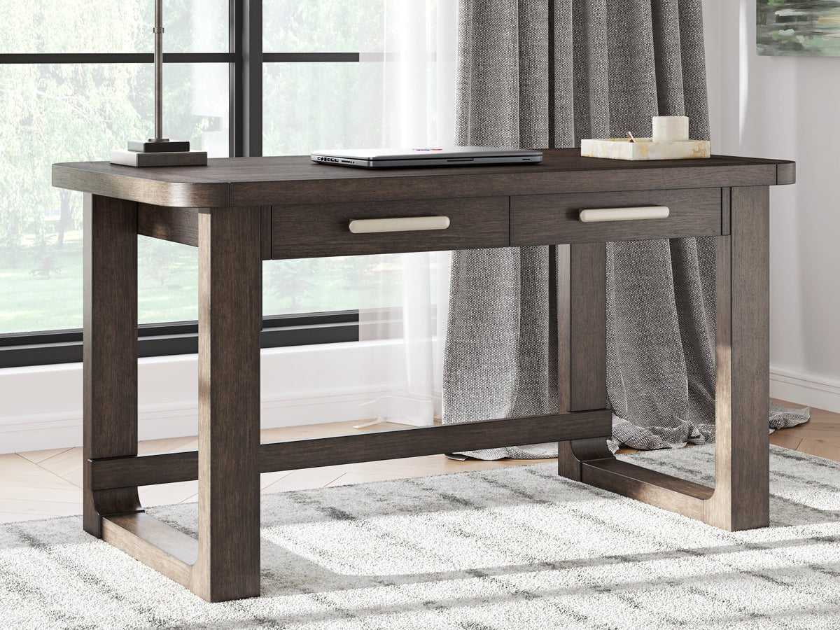 H556-44 Oak Veneer Desk — 2 Drawers & Cord Management