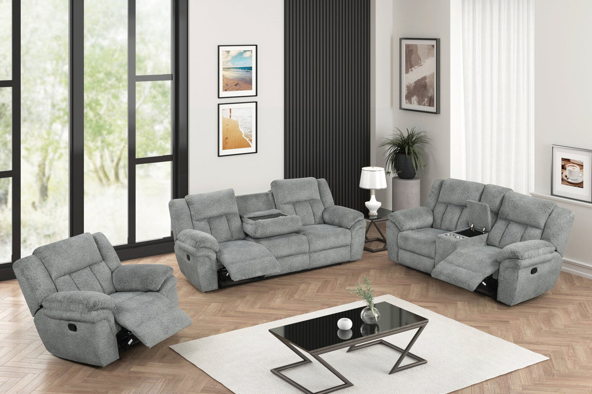 Dallas Gray 3PC Reclining Set — Drop-Down Table & Cup Holders