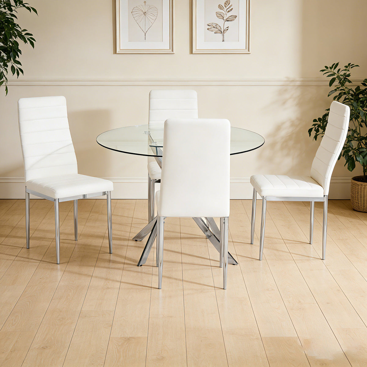 D108 White Dining Set — Glass Table & 4 Chairs