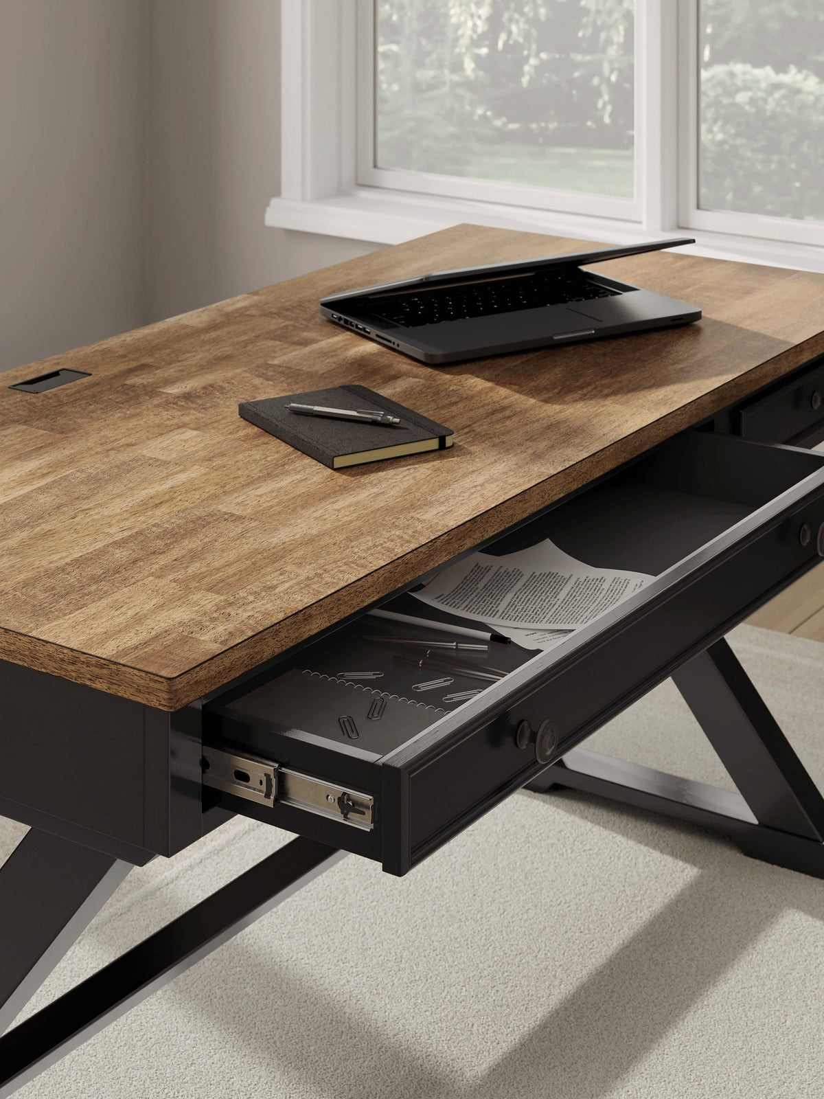 H664-34 Brown & Black Office Desk — Drop-Down Keyboard Tray