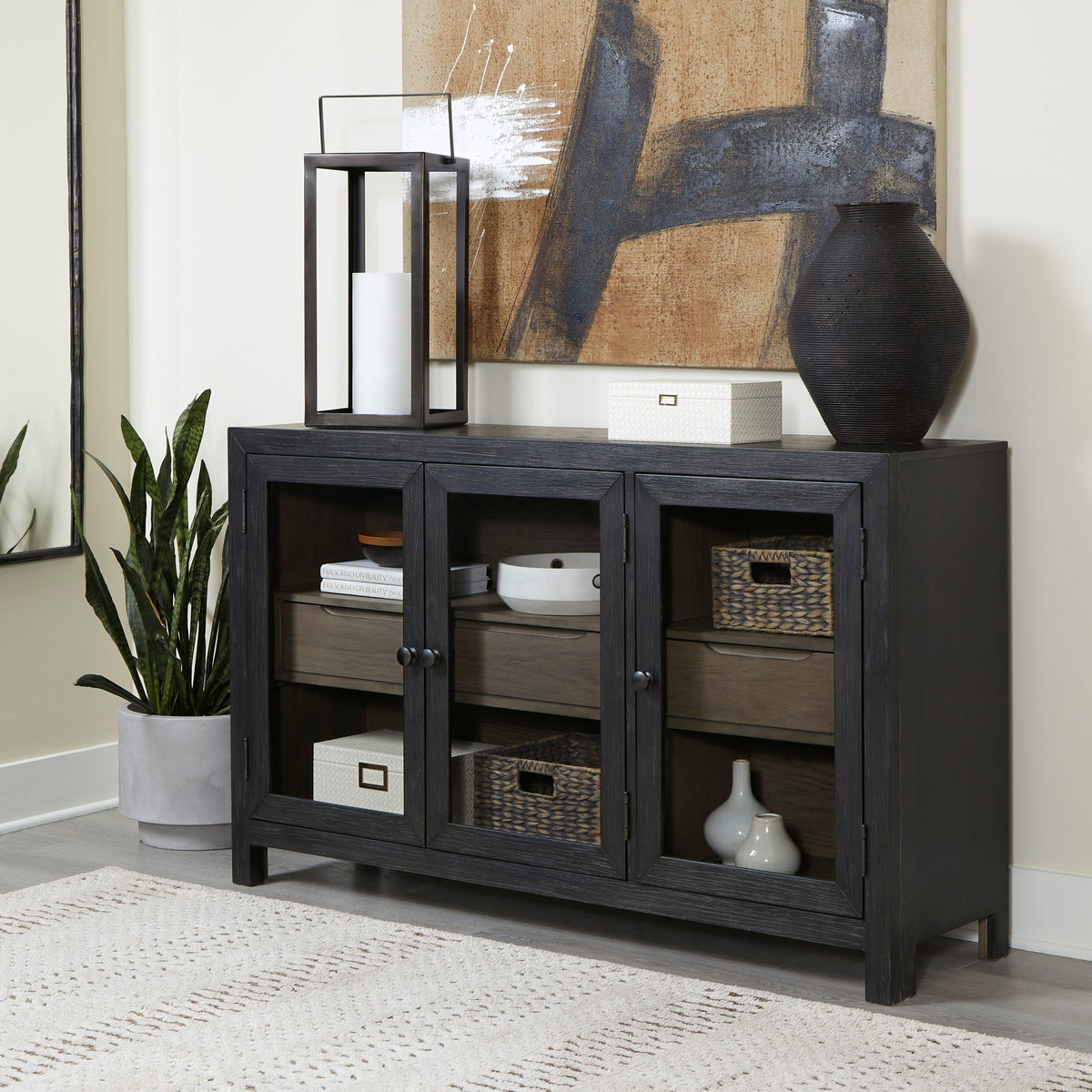 Ashley A4000508 Black Accent Cabinet — Glass Doors & Storage Drawers