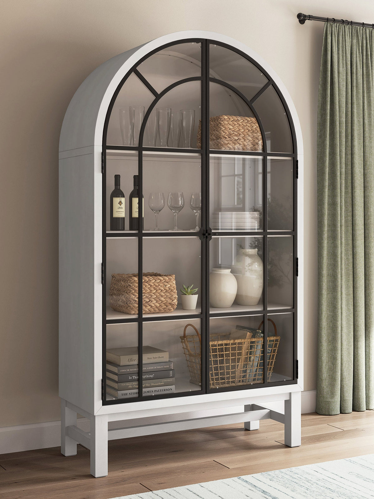 D824-276 Antiqued White Display Cabinet — Glass Doors & 3 Shelves